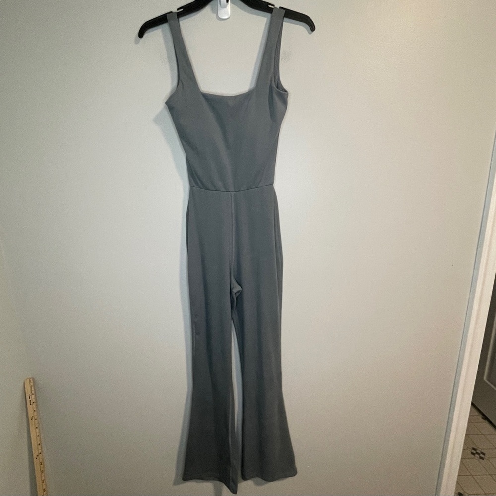 Gray Yoga Onesie Jumpsuit with Flared Legs and Fitted Bodice by T/S by Thrive